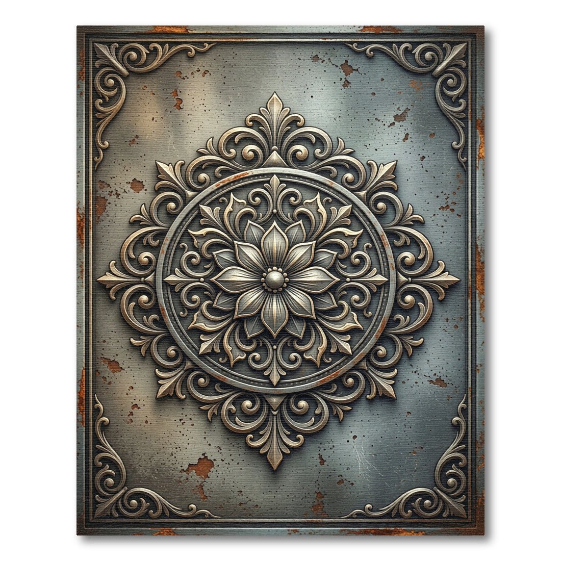 Antique Bronze Metallic Ornate Floral Medallion Rug