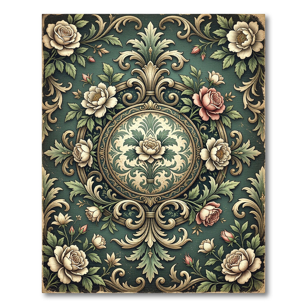Vintage Sage Floral Medallion Scrollwork Rug