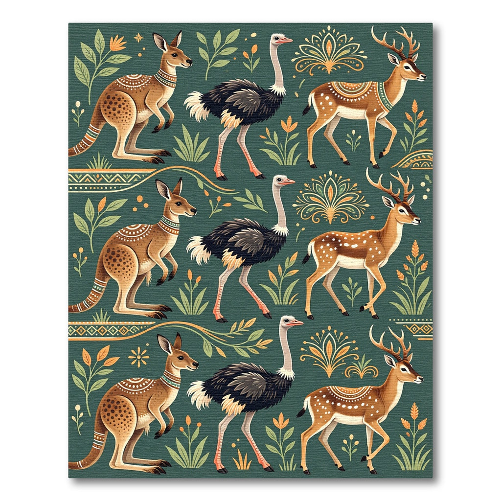 Midcentury Teal Kangaroo Ostrich Stag Wall Art Rug