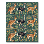 Midcentury Teal Kangaroo Ostrich Stag Wall Art Rug