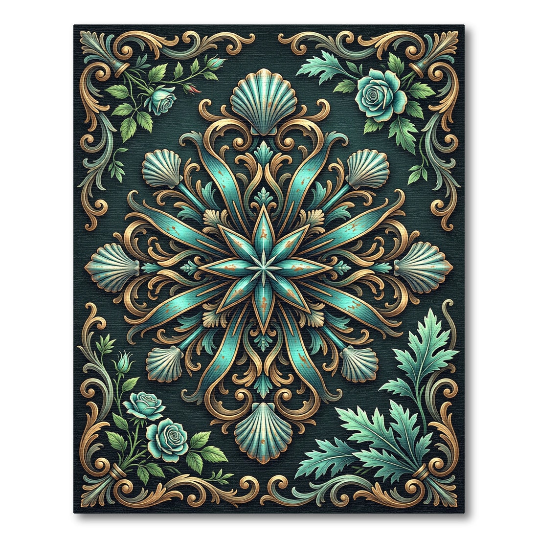 Ornate Teal Shell Golden Baroque Mandala Rug