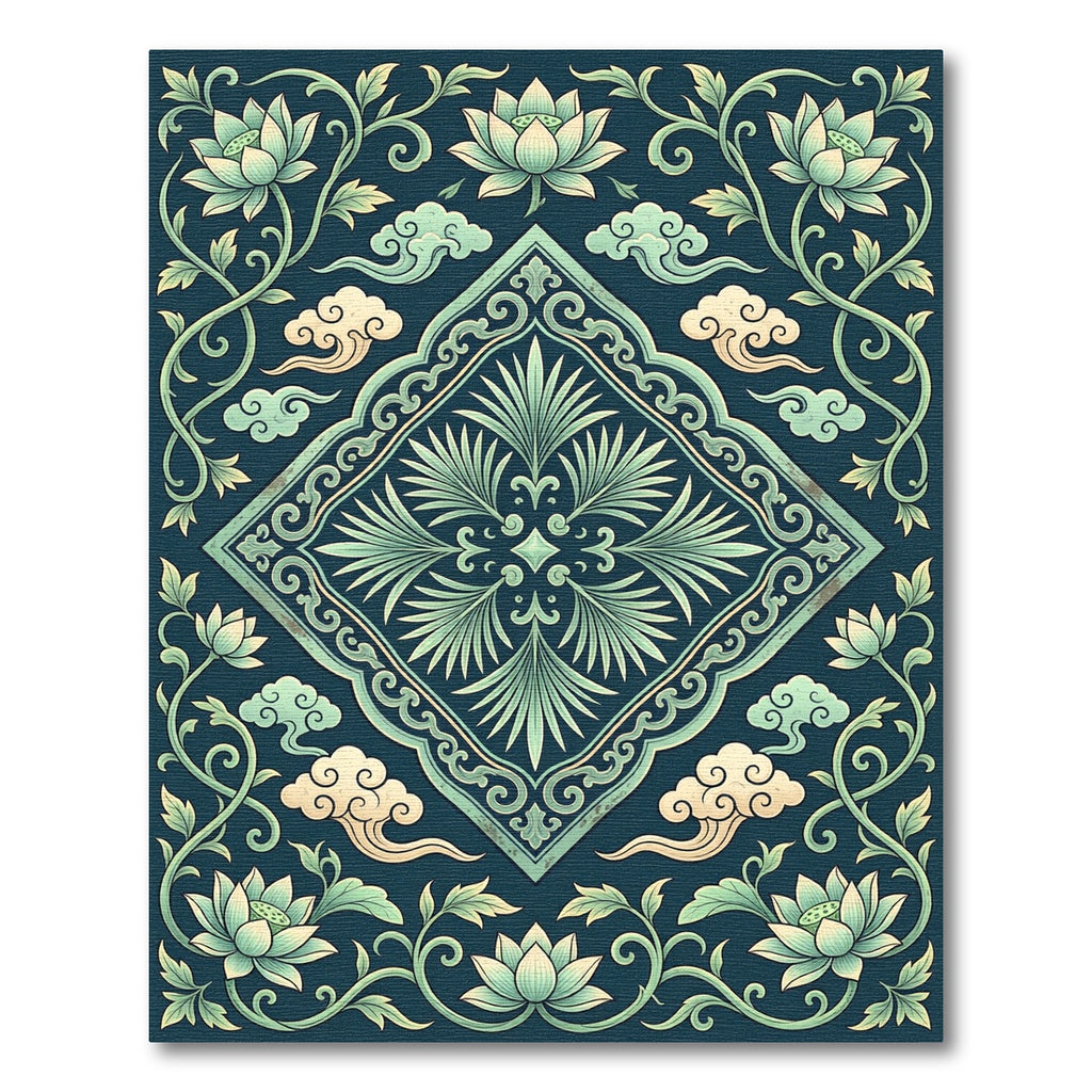 Elegant Jade Lotus Cloud Medallion Rug