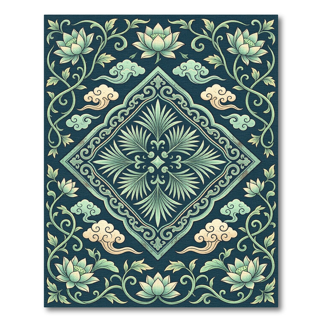 Elegant Jade Lotus Cloud Medallion Rug
