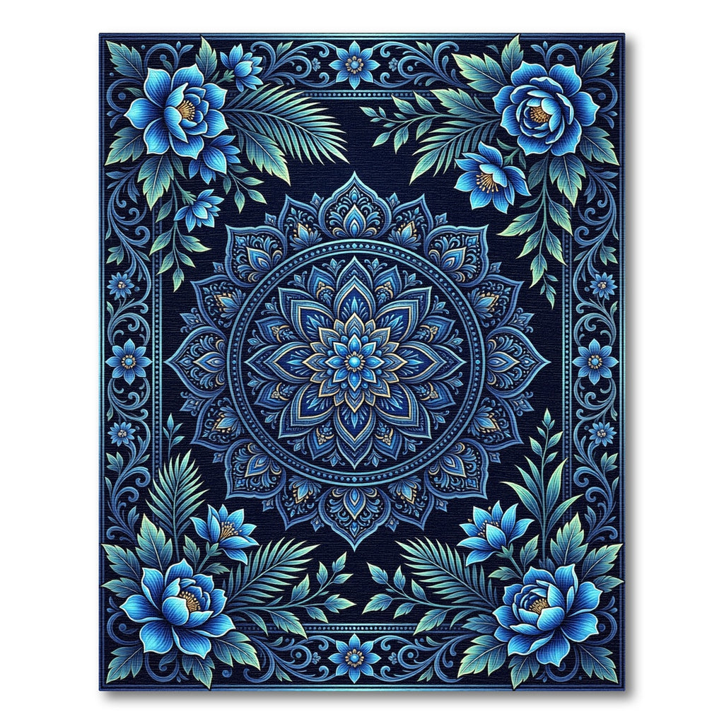 Bold Indigo Floral Symmetrical Frame Rug