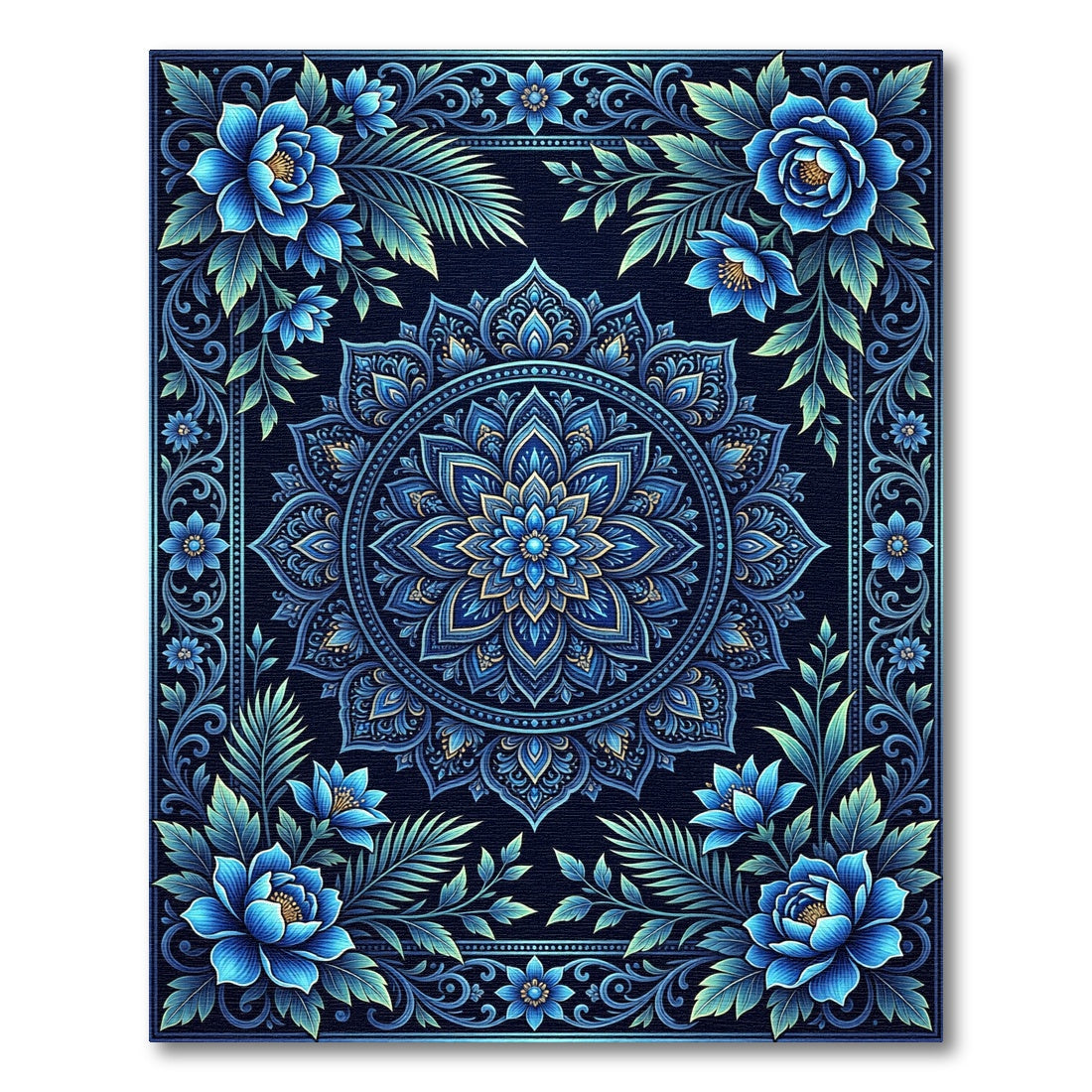 Bold Indigo Floral Symmetrical Frame Rug
