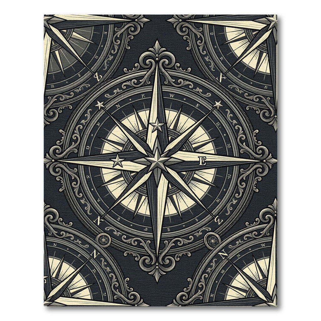 Ornate Nautical Compass Star Black Cream Rug