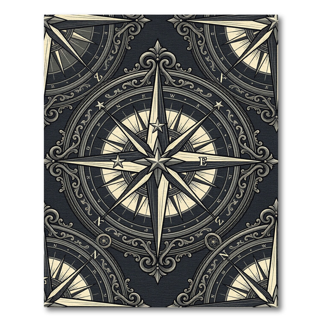 Ornate Nautical Compass Star Black Cream Rug