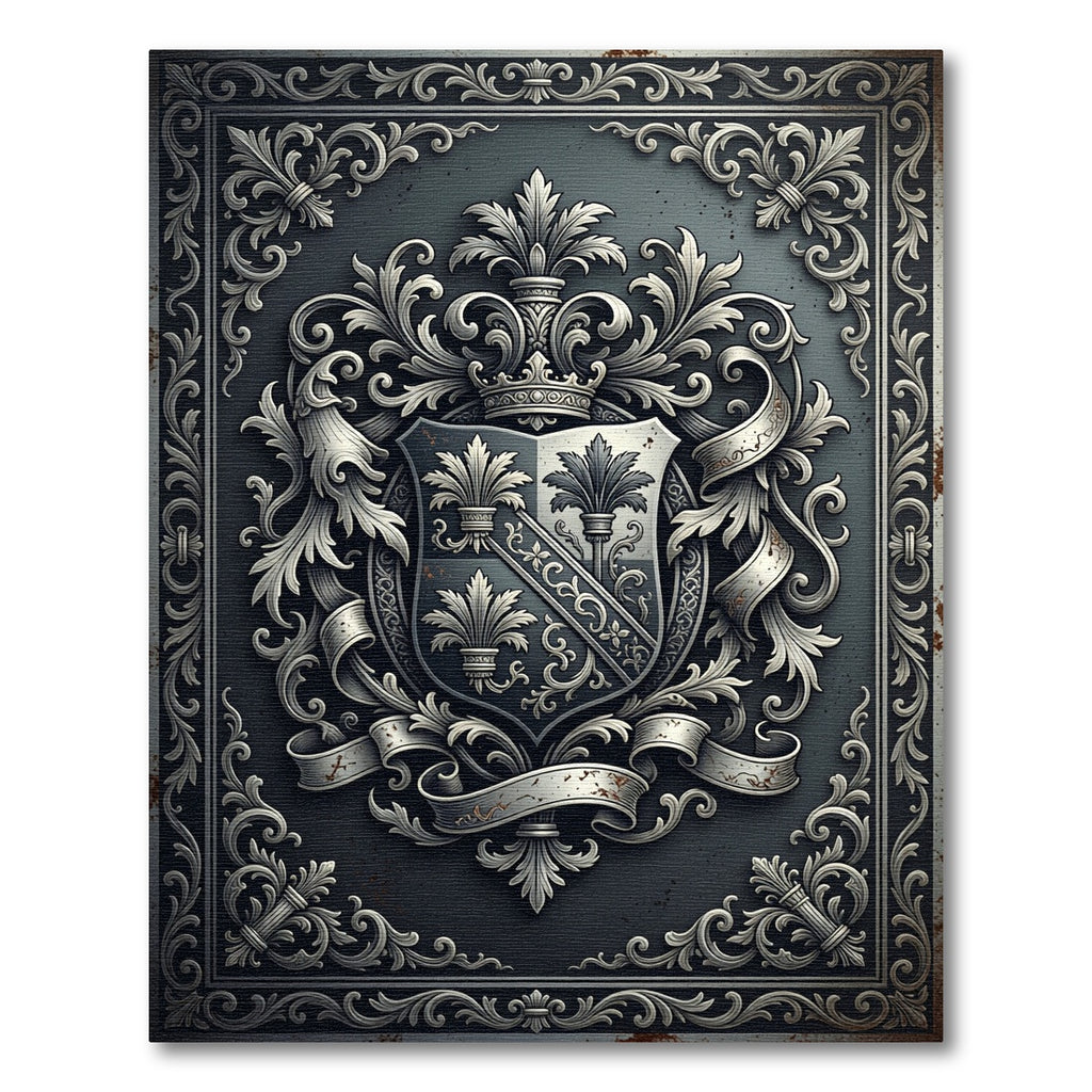 Ornate Silver Gothic Heraldic Crest Rug