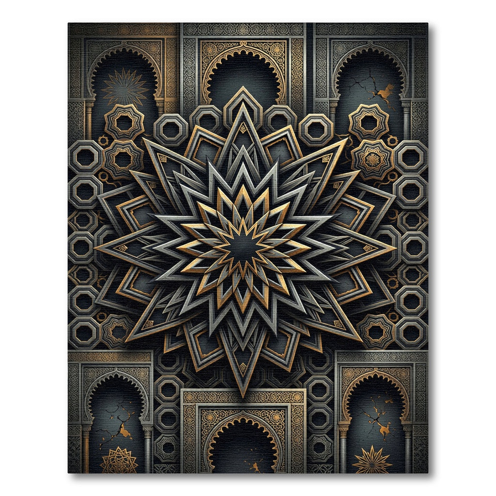 Geometric Gold and Charcoal Celestial Star Rug