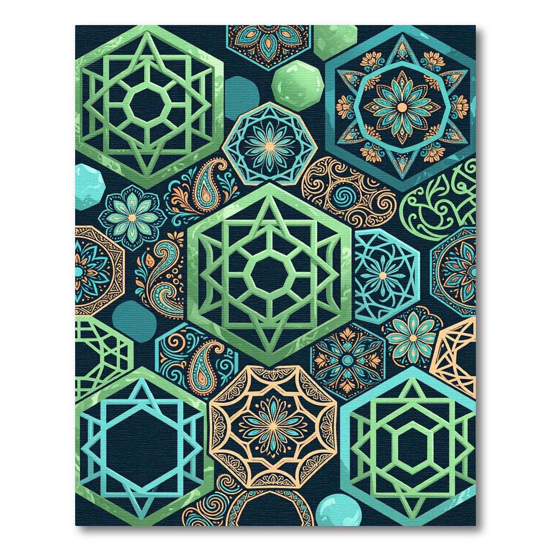 Geometric Hexagon Teal Sage Flower Medallion Rug