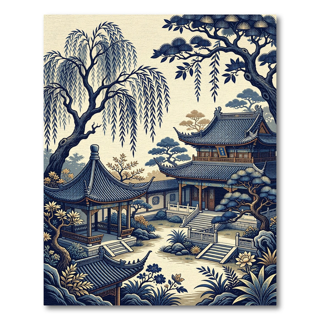 Azure Willow Pagoda Garden Scene Rug
