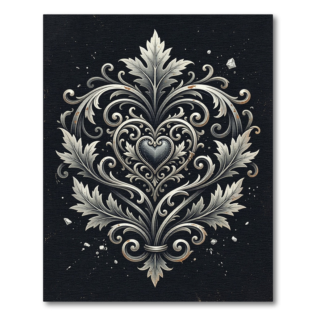 Ornate Silver Filigree Heart Damask Rug