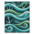Whimsical Teal Anchor Oceanic Wave Rug