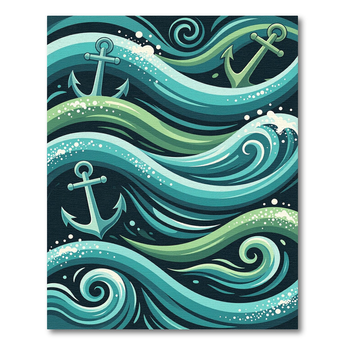 Whimsical Teal Anchor Oceanic Wave Rug