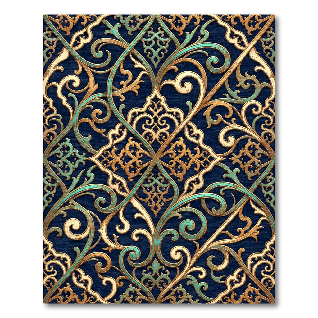 Ornate Gold and Teal Scrollwork Trellis Rug