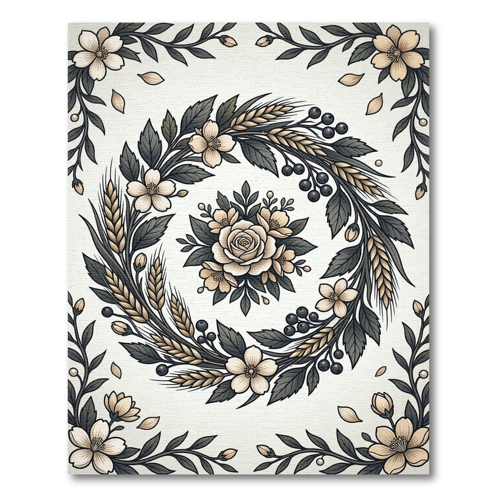 Cream Blossom Wheatreath Botanical Frame Rug