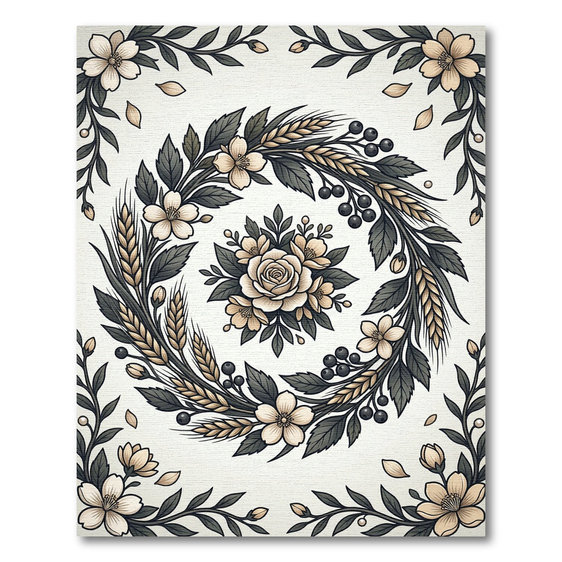 Cream Blossom Wheatreath Botanical Frame Rug