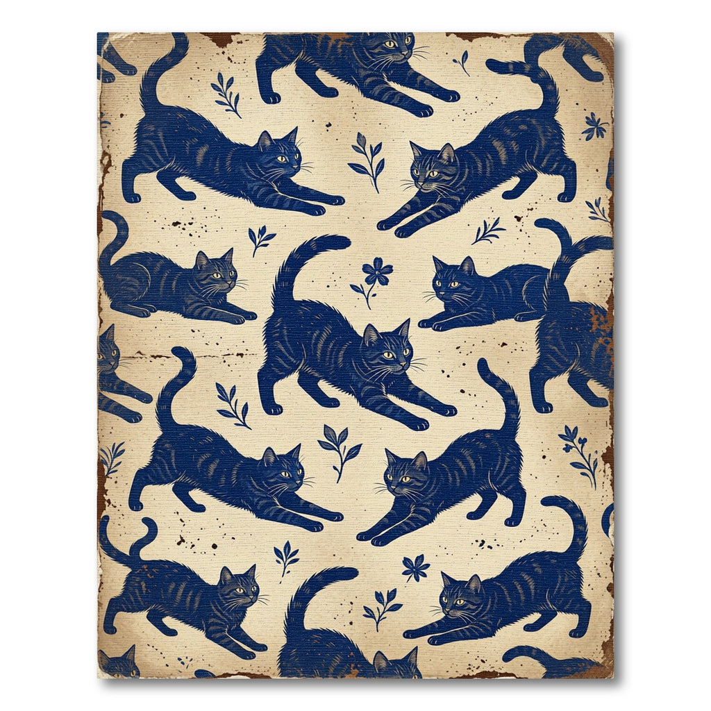 Vintage Navy Stretching Cat Illustration Rug