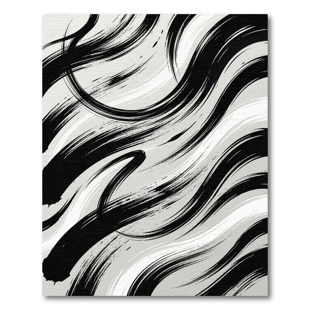 Black Brushstroke Swirls on Gray Rug