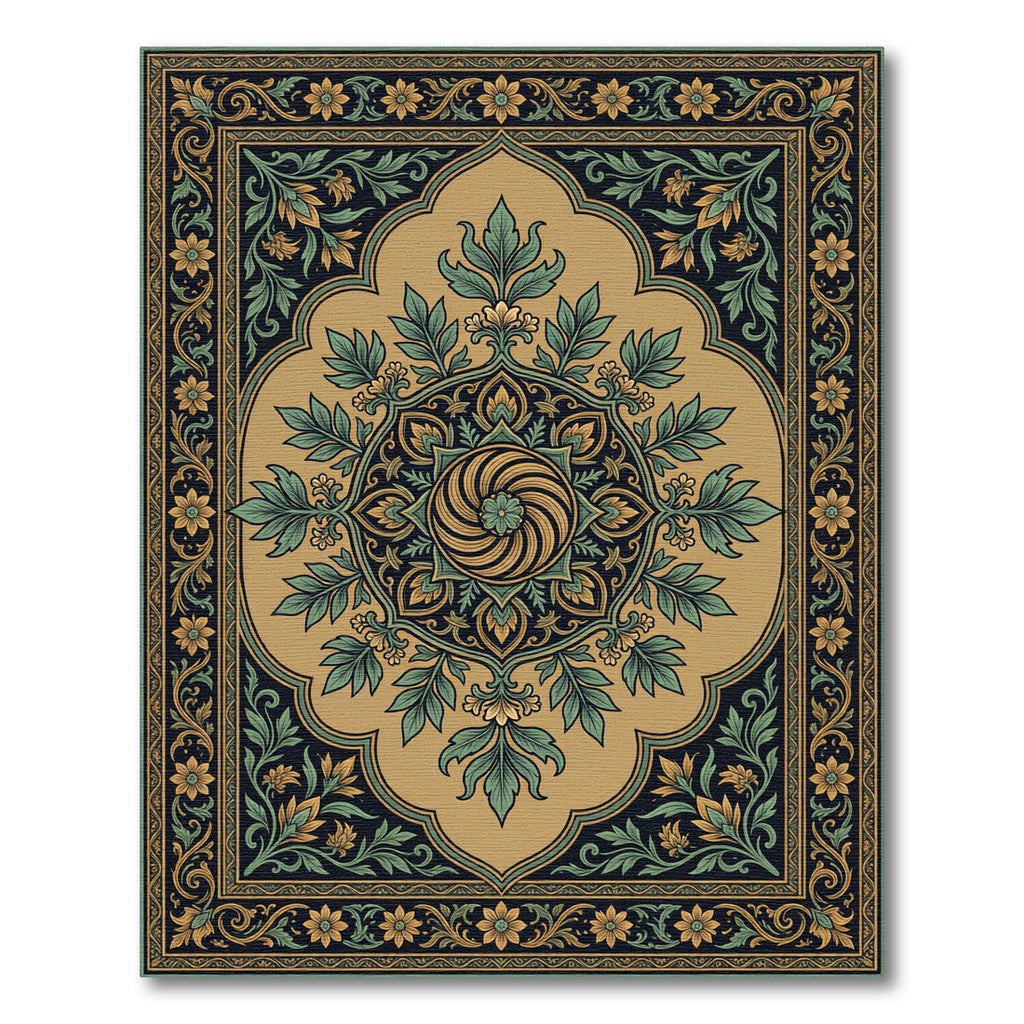 Ornate Gold Green Floral Mandala Rug