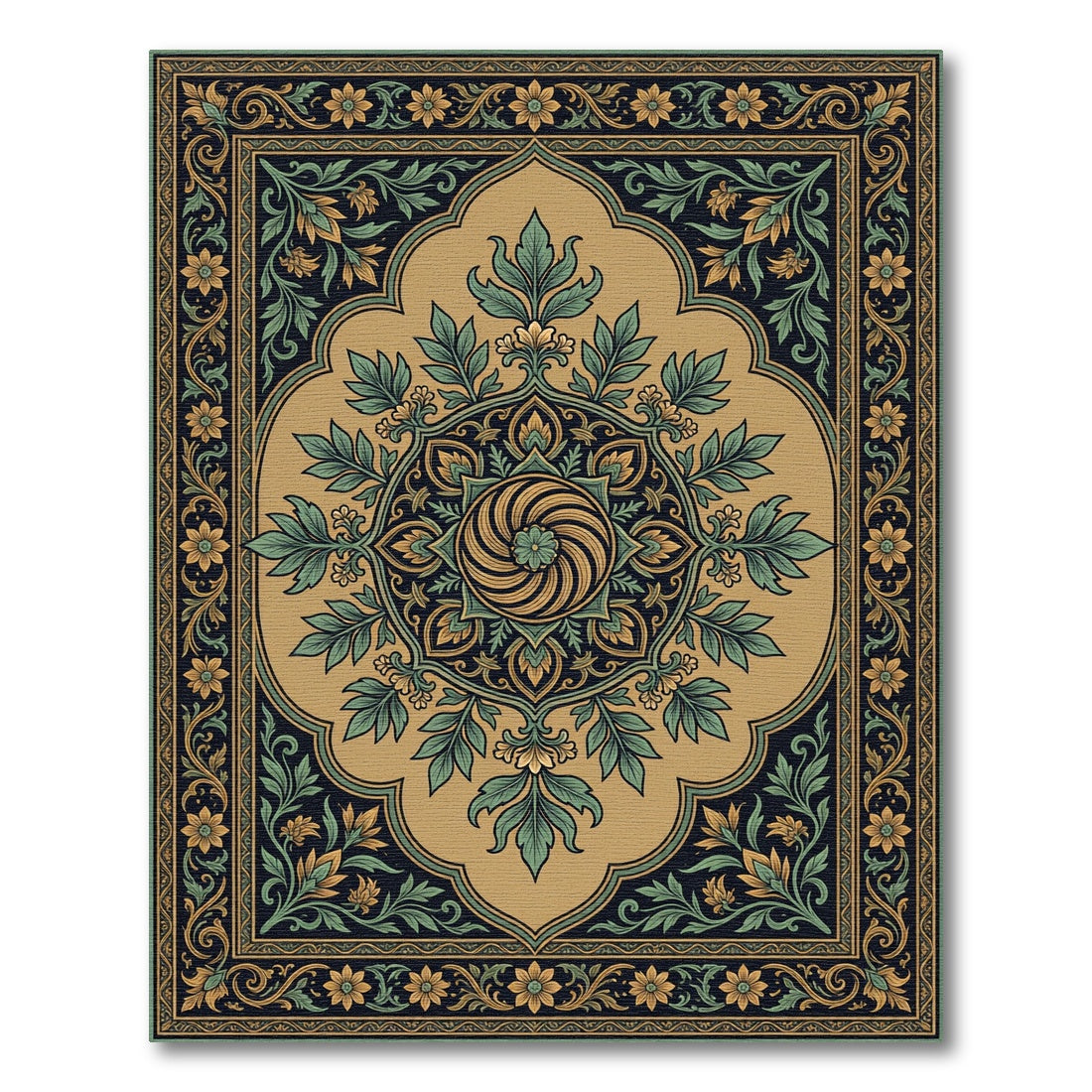 Ornate Gold Green Floral Mandala Rug