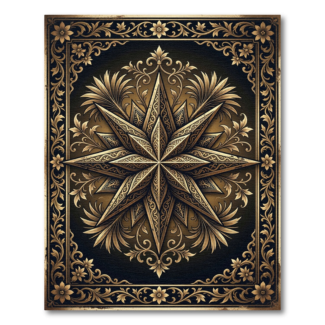 Ornate Golden Star Medallion Art Rug