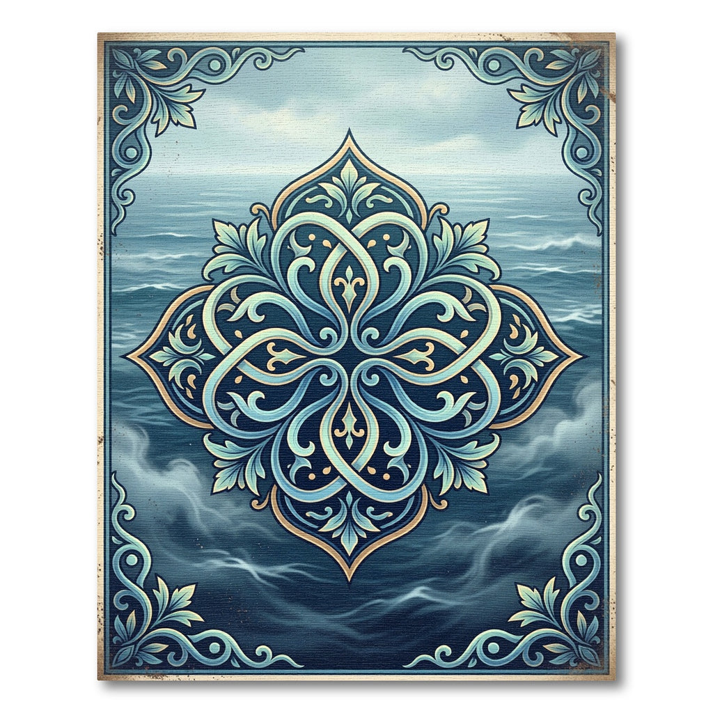 Elegant Cerulean Sea Scroll Medallion Rug