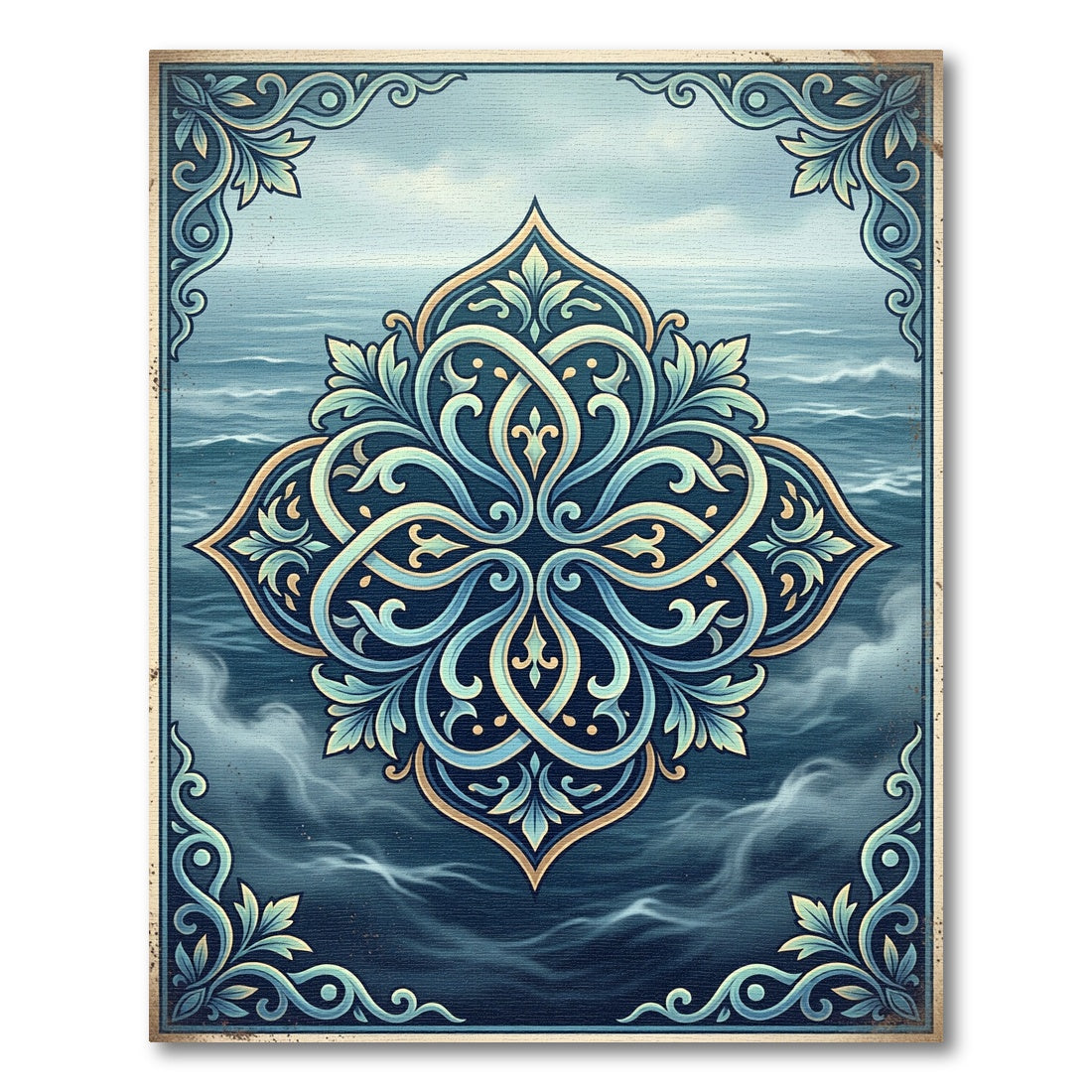 Elegant Cerulean Sea Scroll Medallion Rug