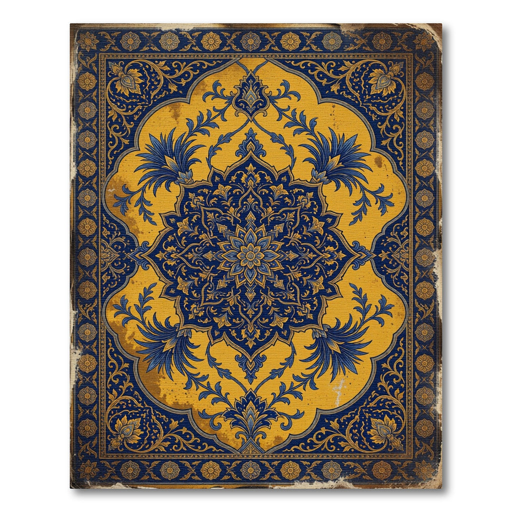 Gold Blue Vintage Floral Medallion Rug