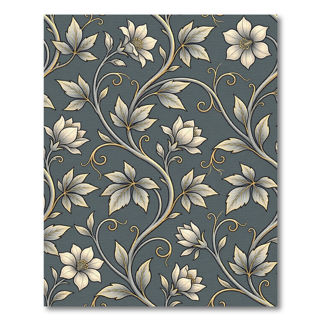 Elegant Charcoal and Gold Botanical Vine Rug