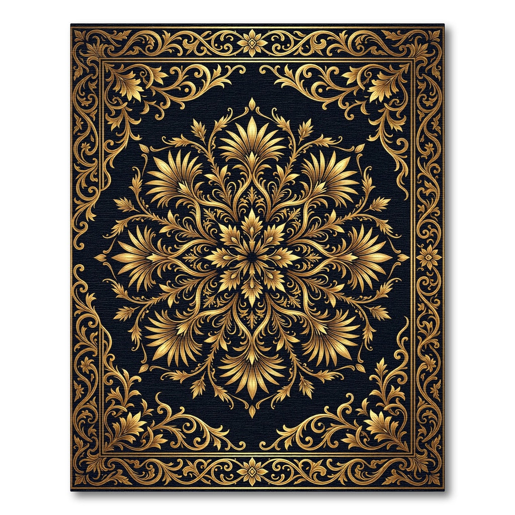 Elegant Gold Floral Medallion Black Floor Covering Rug