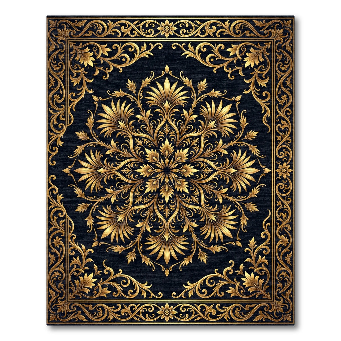Elegant Gold Floral Medallion Black Floor Covering Rug