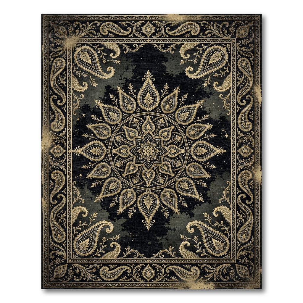 Elegant Gold Ornate Paisley Mandala Rug