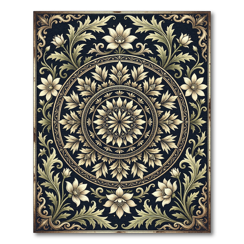 Elegant Beige Floral Medallion Charcoal Art Rug