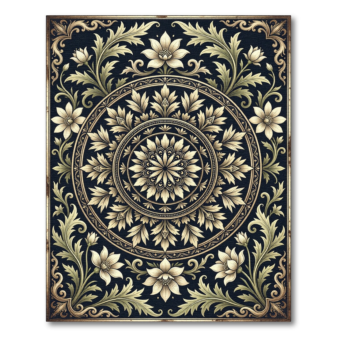 Elegant Beige Floral Medallion Charcoal Art Rug