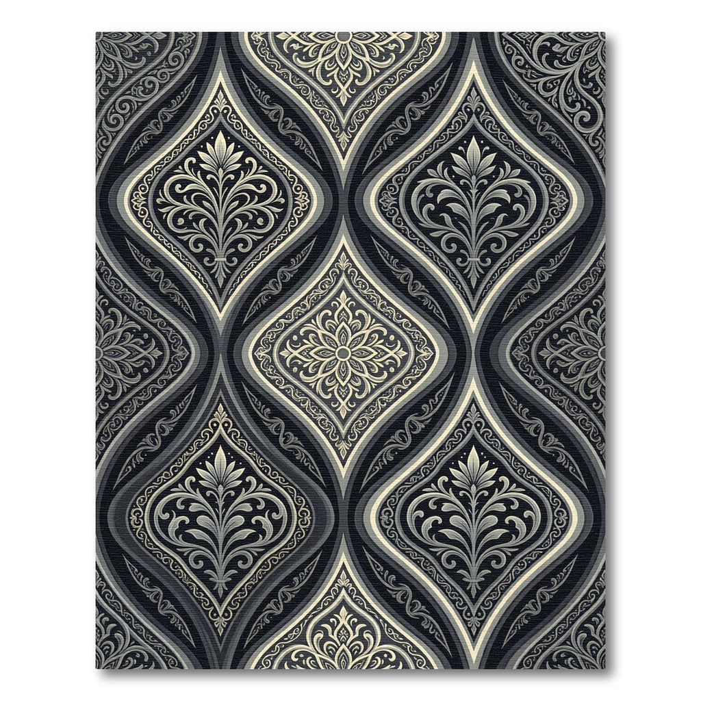 Sophisticated Charcoal Damask Floral Medallion Rug