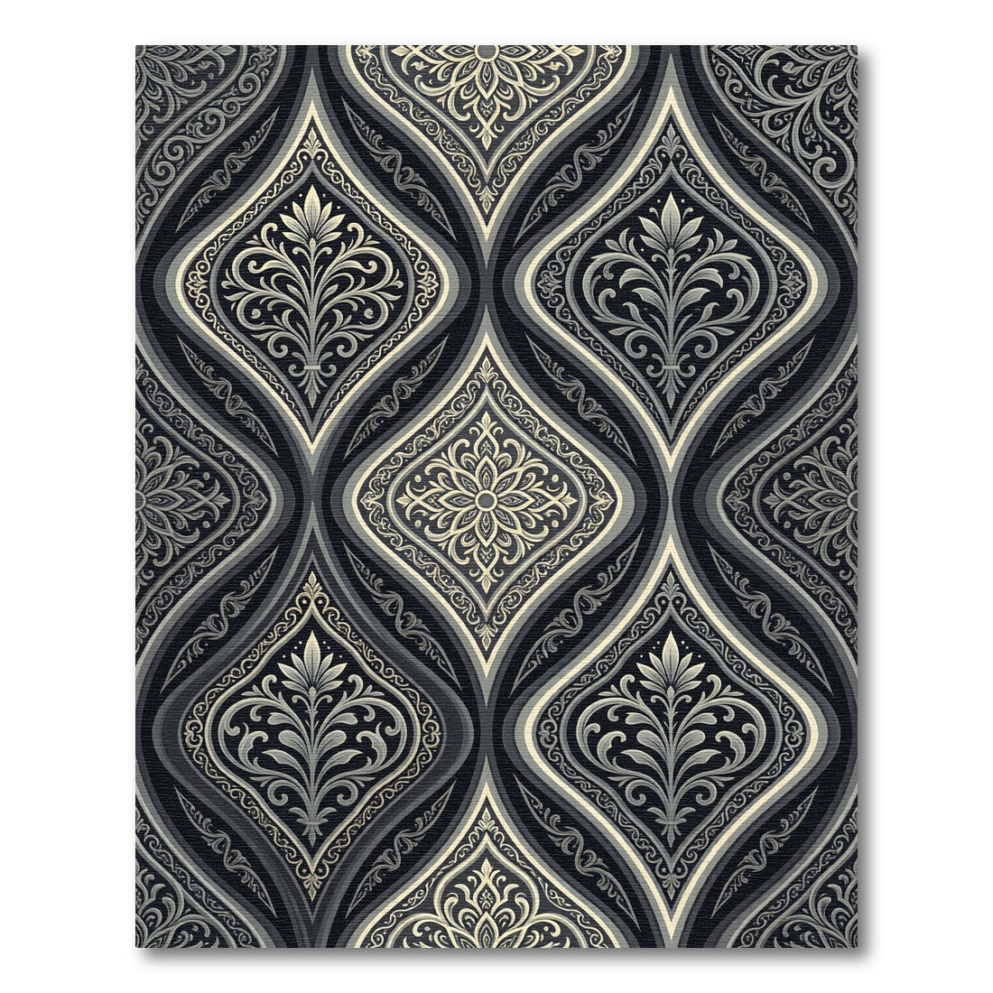 Sophisticated Charcoal Damask Floral Medallion Rug