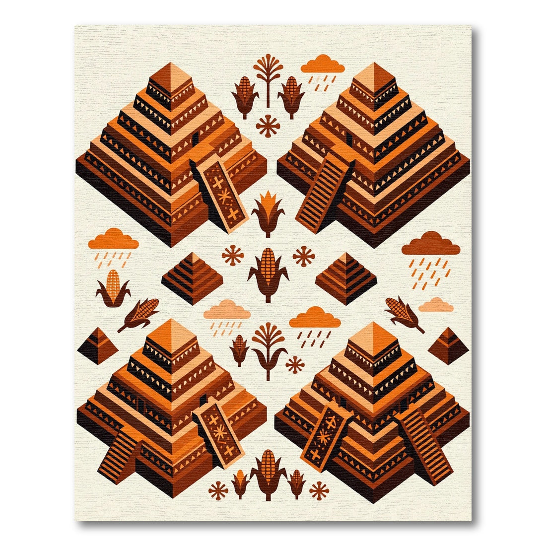 Geometric Amber Mesoamerican Ziggurat Terracotta Rug