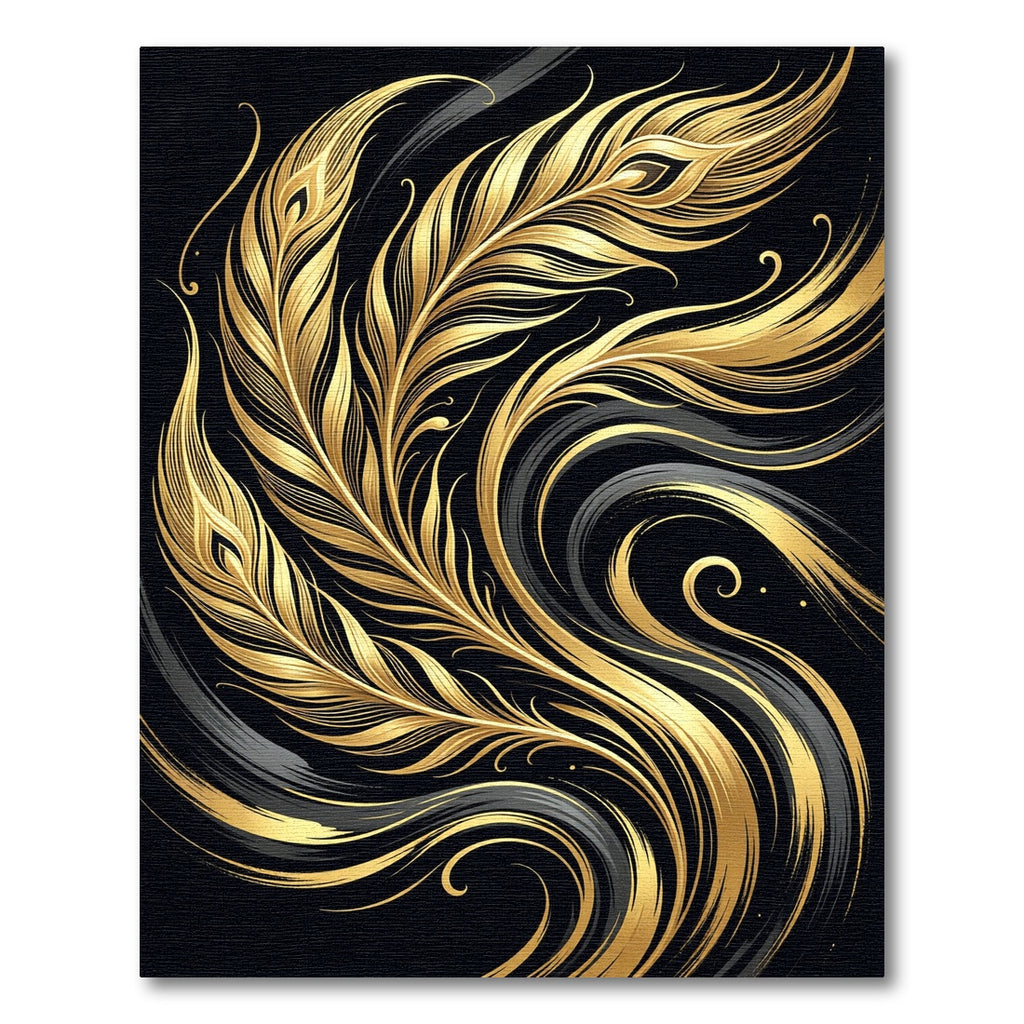 Elegant Gold Feather Swirl Art Rug