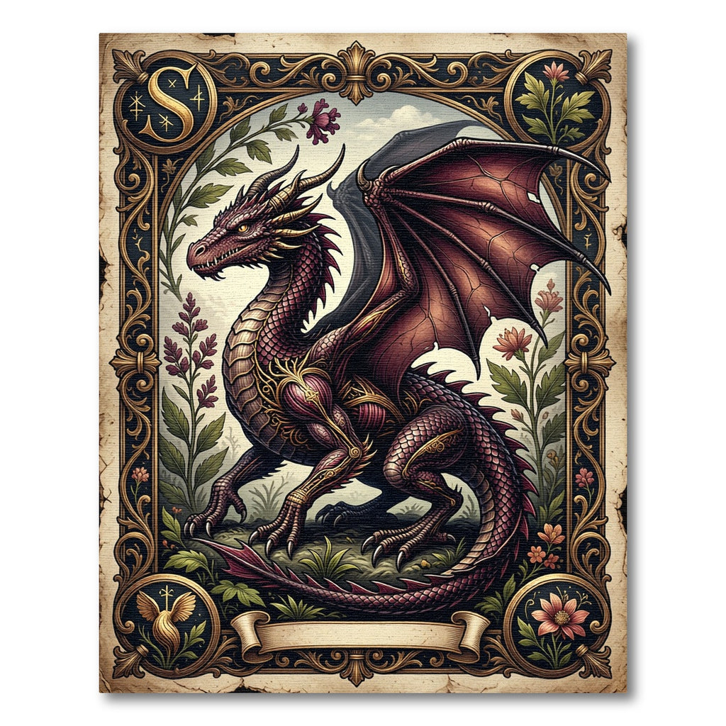 Dark Maroon Dragon Gilded Floral Art Rug