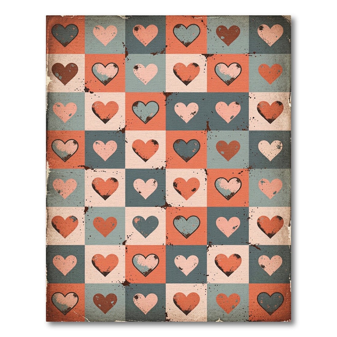 Distressed Retro Heart Grid Tile Rug