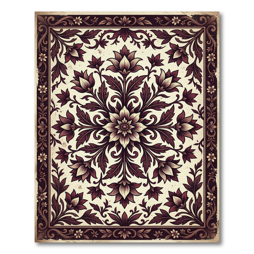 Deep Plum Floral Medallion Border Rug