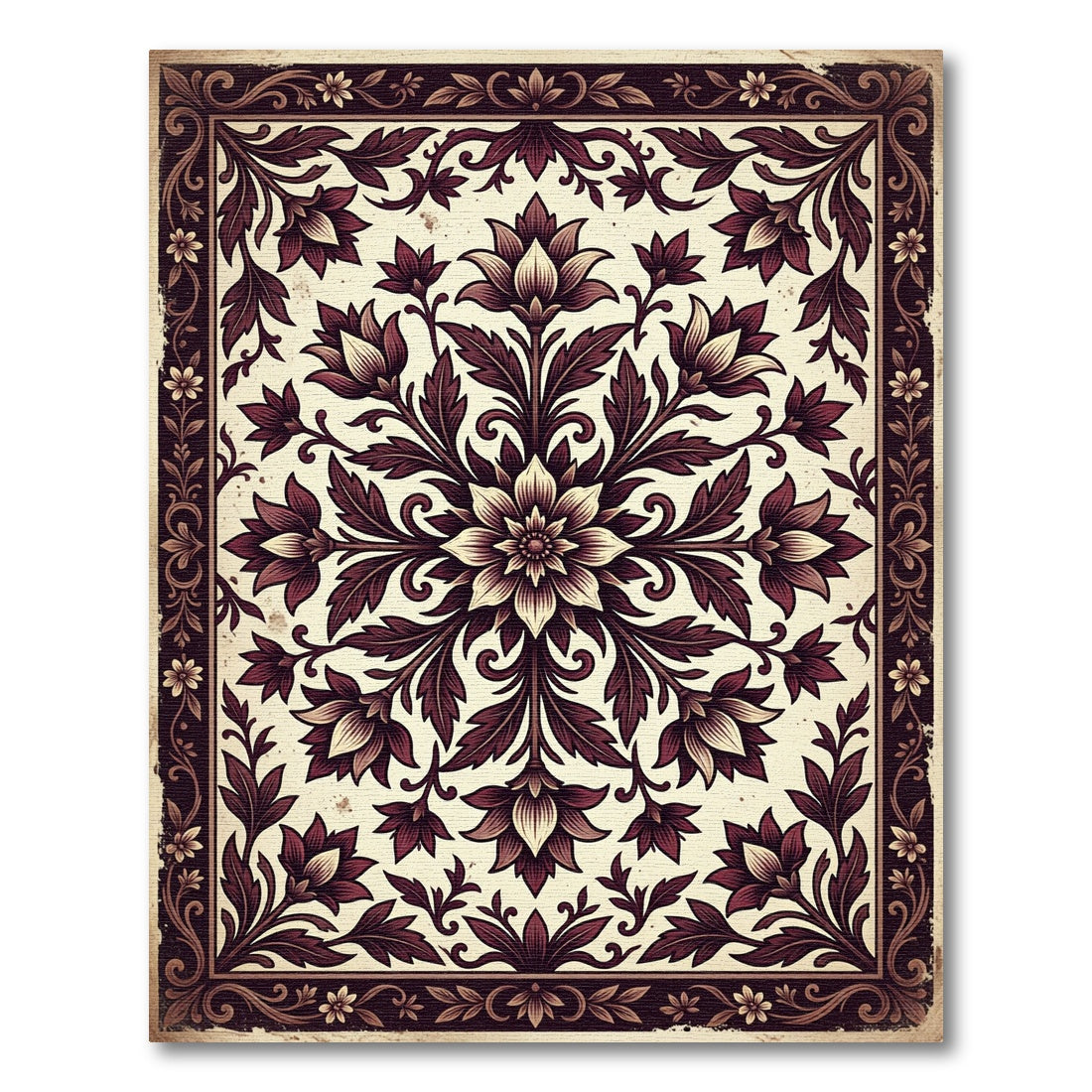 Deep Plum Floral Medallion Border Rug