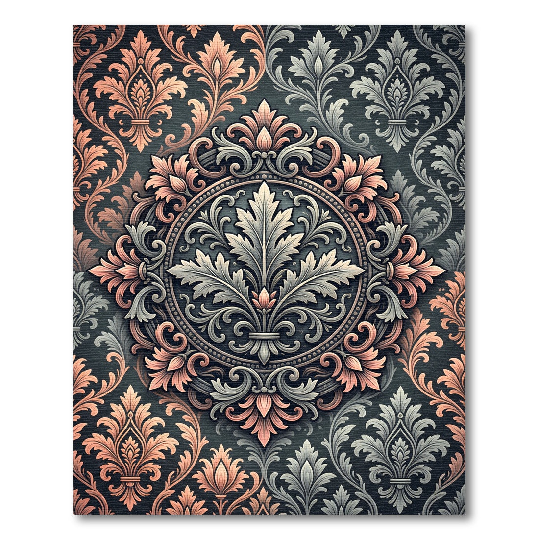 Ornate Floral Damask Coral Gray Rug