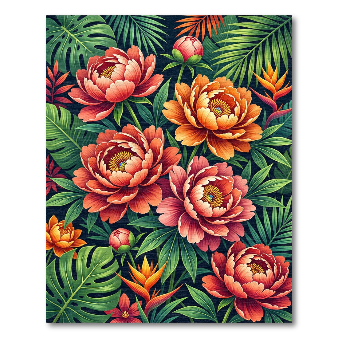 Tropical Deep Coral Peony Foliage Rug