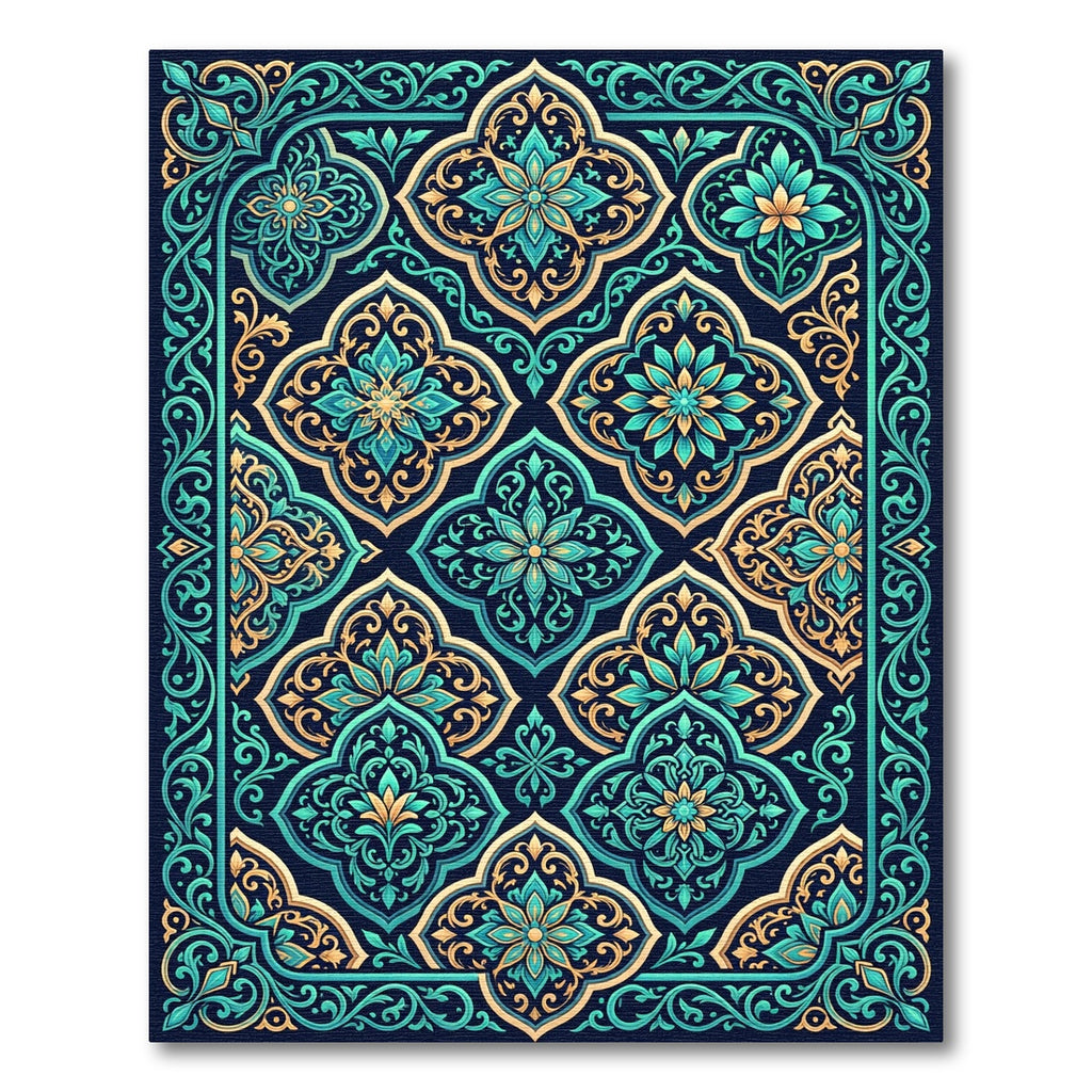 Intricate Teal and Gold Floral Medallion Rug