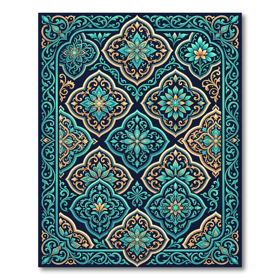 Intricate Teal and Gold Floral Medallion Rug