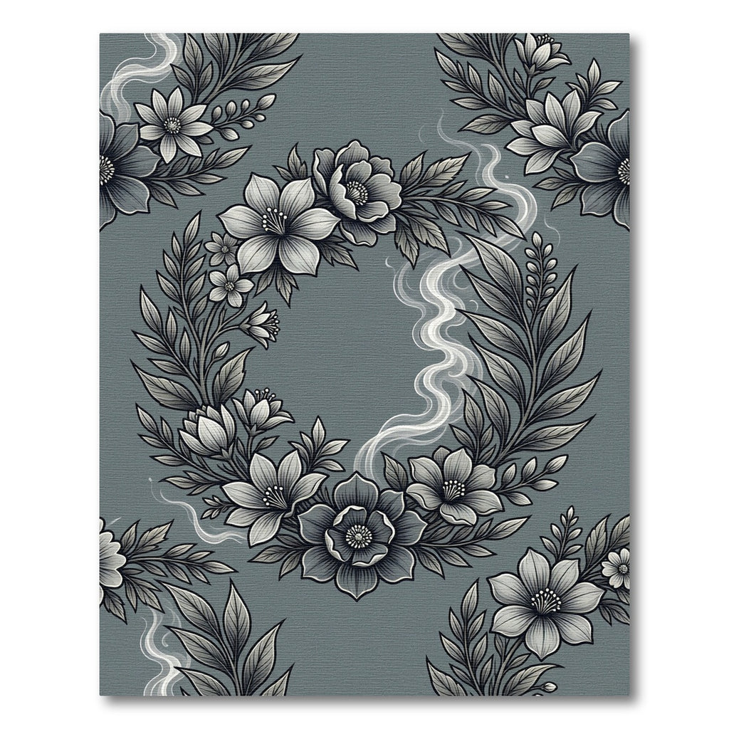 Elegant Gray Floral Wreath Smoke Rug