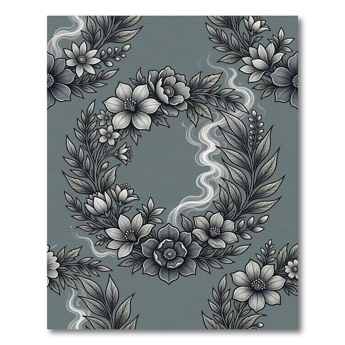 Elegant Gray Floral Wreath Smoke Rug