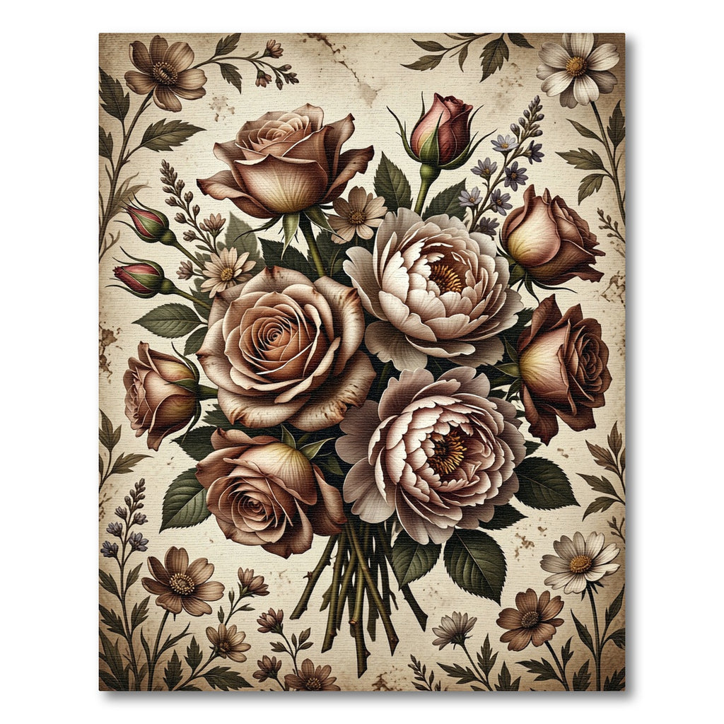 Vintage Coffee Rose Blossom Bouquet Rug
